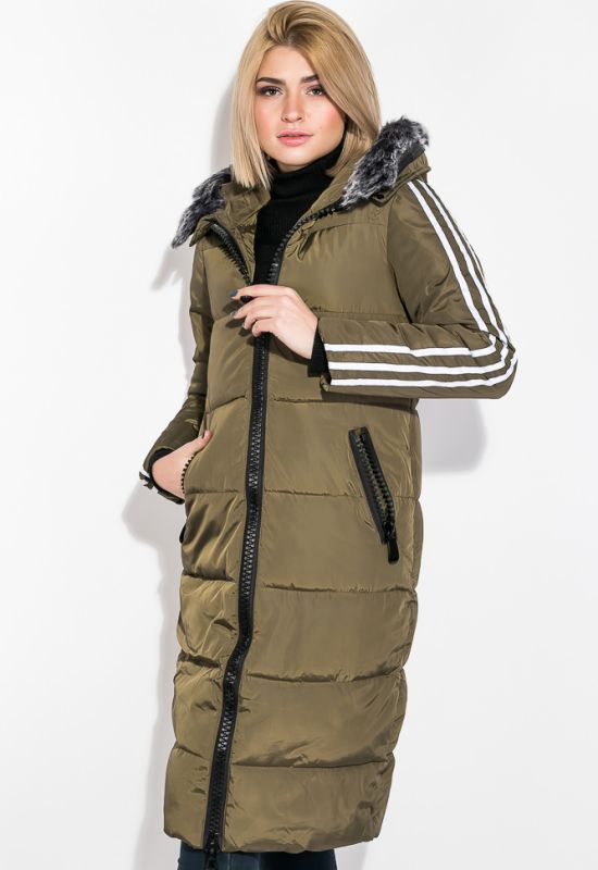 Пальто женское зимнее с лампасами 677K006 (хаки)