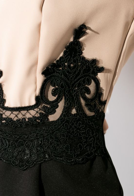 Сукня напівбатал ошатна з мереживними нашивками 95P8017-1 (кремовий/чорний)