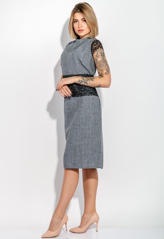 Сукня жіноча батал з мереживом на рукавах і поясі 74PD305 (сірий/синій/меланжевий)