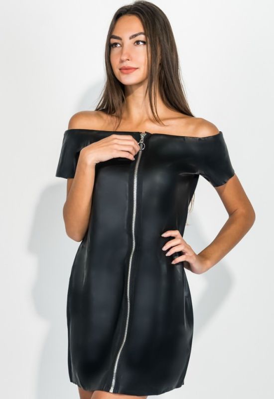 Платье женское с кожаными вставками короткий рукав 211V001 (черный)