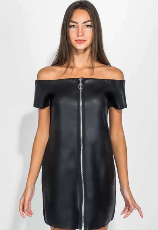 Платье женское с кожаными вставками короткий рукав 211V001 (черный)
