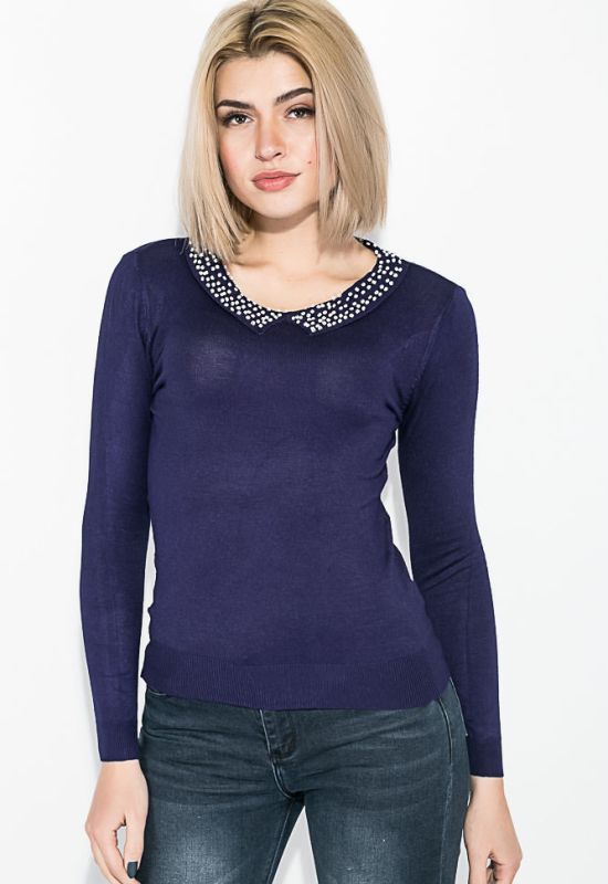 Пуловер женский с бисером на воротничке 81PD888 (темно-синий)