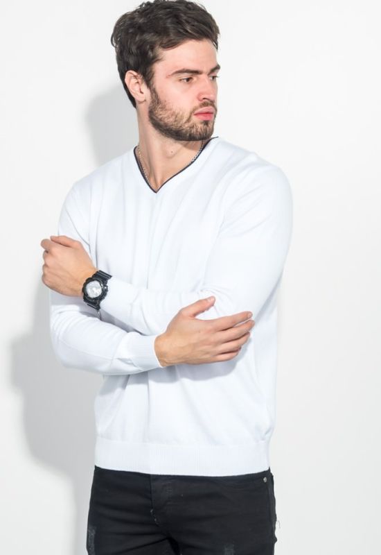 Пуловер мужской с полосой по вырезу 50PD360 (белый/синий)