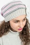 Шапка женская бини с крупным цветком 65PF13-042 (серый/розовый)