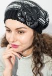 Шапка женская бини с крупным цветком 65PF13-042 (черный/серый)