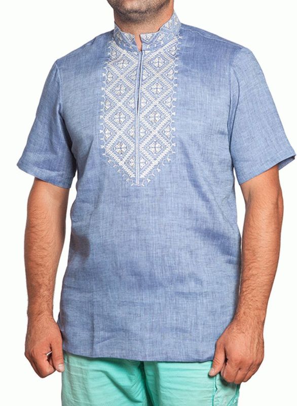 SM 026 Рубашка-вышиванка мужская (синий/молочный)